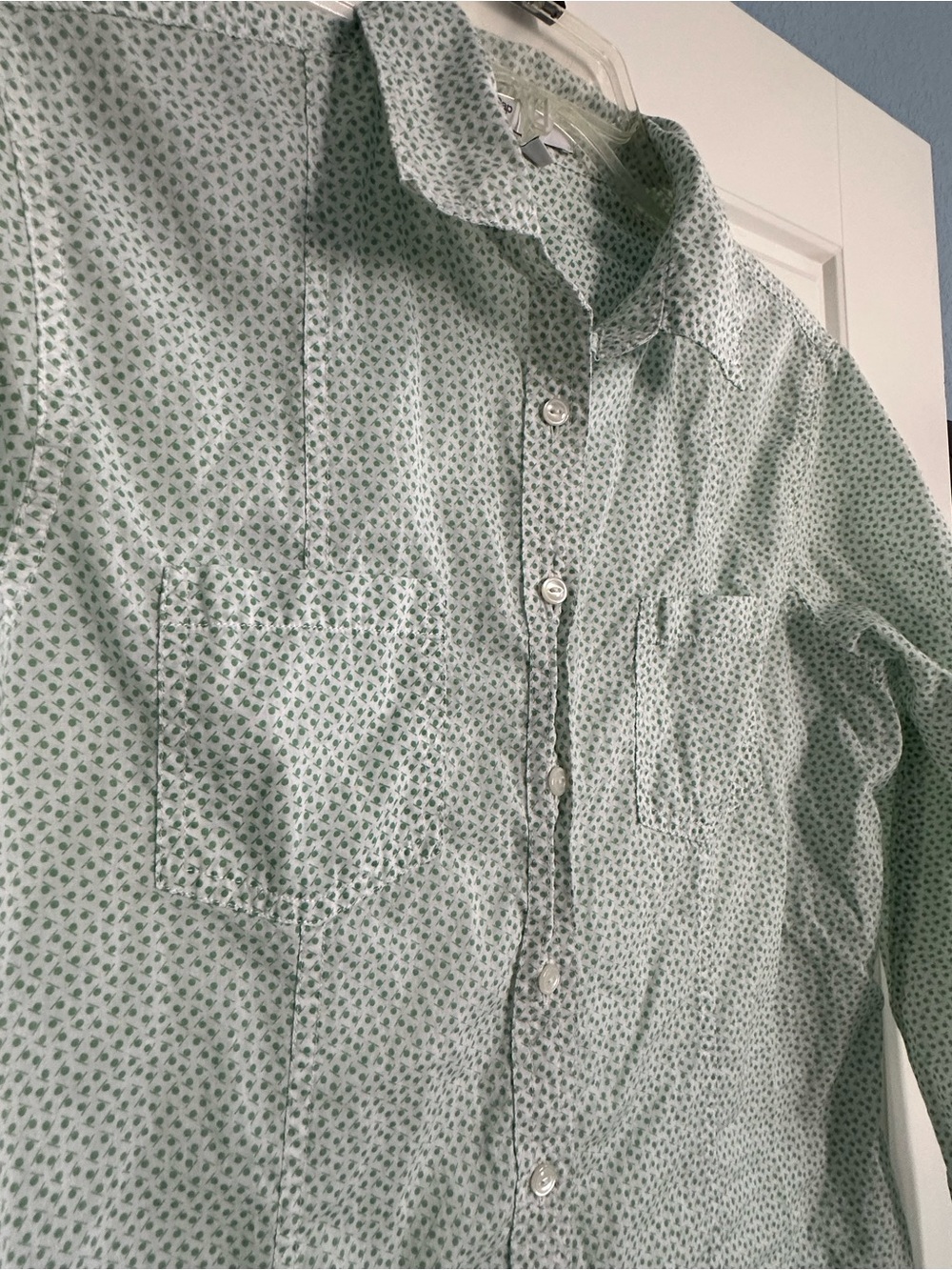 GAP Women's White & Green Micro-Print Button-Down Shirt